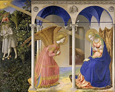 Retábulo de Fra Angelico com o anjo Gabriel inclinado diante de Maria sentada sob um pórtico e, à esquerda, Adão e Eva expulsos do paraíso