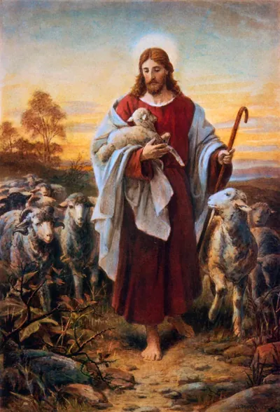 Pintura de Bernhard Plockhorst com Jesus carregando um cordeiro no braço e um cajado na mão, cercado de ovelhas ao entardecer