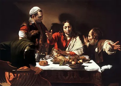 Pintura de Caravaggio com Jesus ressuscitado à mesa, com a mão erguida sobre o pão, e dois discípulos surpresos ao reconhecê-lo