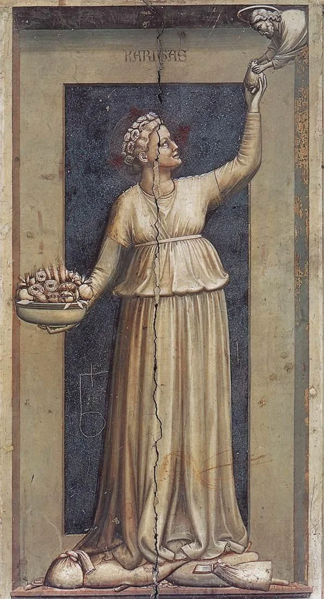Afresco de Giotto mostrando a Caridade como uma mulher de vestes claras que entrega o coração a Deus e segura uma tigela de frutos e flores