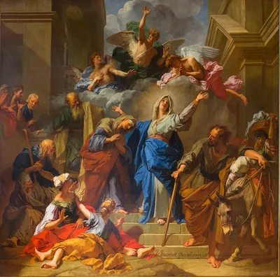 Pintura de Jean Jouvenet com Maria de manto azul erguendo o braço para o céu ao encontrar Isabel, cercadas por pessoas e anjos