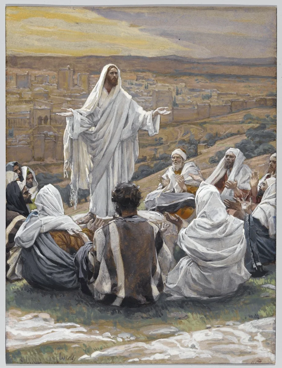 Pintura de James Tissot com Jesus de pé, de braços abertos, ensinando o Pai-Nosso aos discípulos sentados numa colina diante de Jerusalém