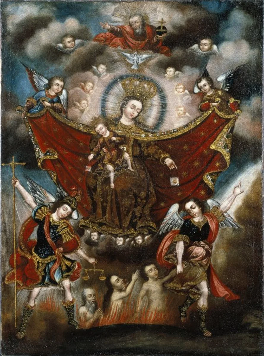 Pintura colonial da escola de Cusco com Nossa Senhora do Carmo e anjos estendendo as mãos às almas do purgatório
