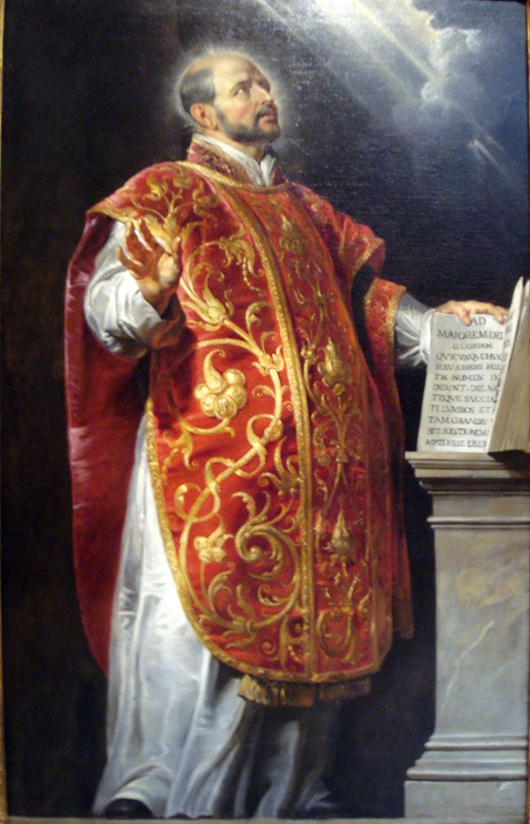 Pintura de Rubens com Santo Inácio de Loyola em vestes sacerdotais, olhando para o alto