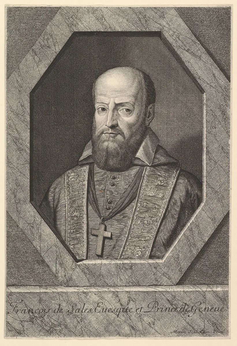Gravura do século XVII com o retrato de São Francisco de Sales, bispo de Genebra