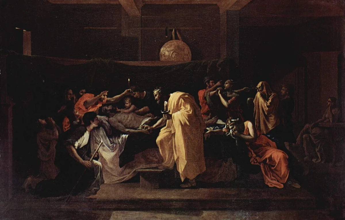Pintura de Nicolas Poussin da série Os Sete Sacramentos mostrando um sacerdote ungindo um doente acamado cercado pela família