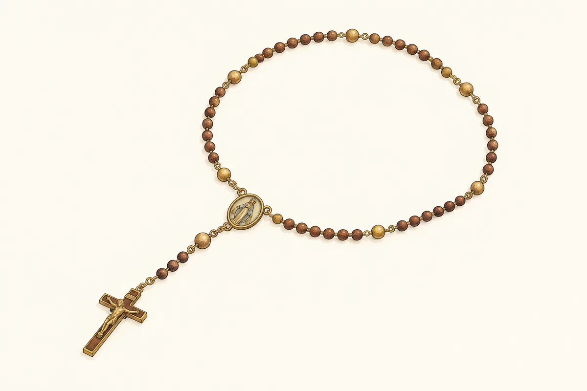 Desenho de um terço com crucifixo, contas grandes, três contas pequenas, medalha central e cinco dezenas